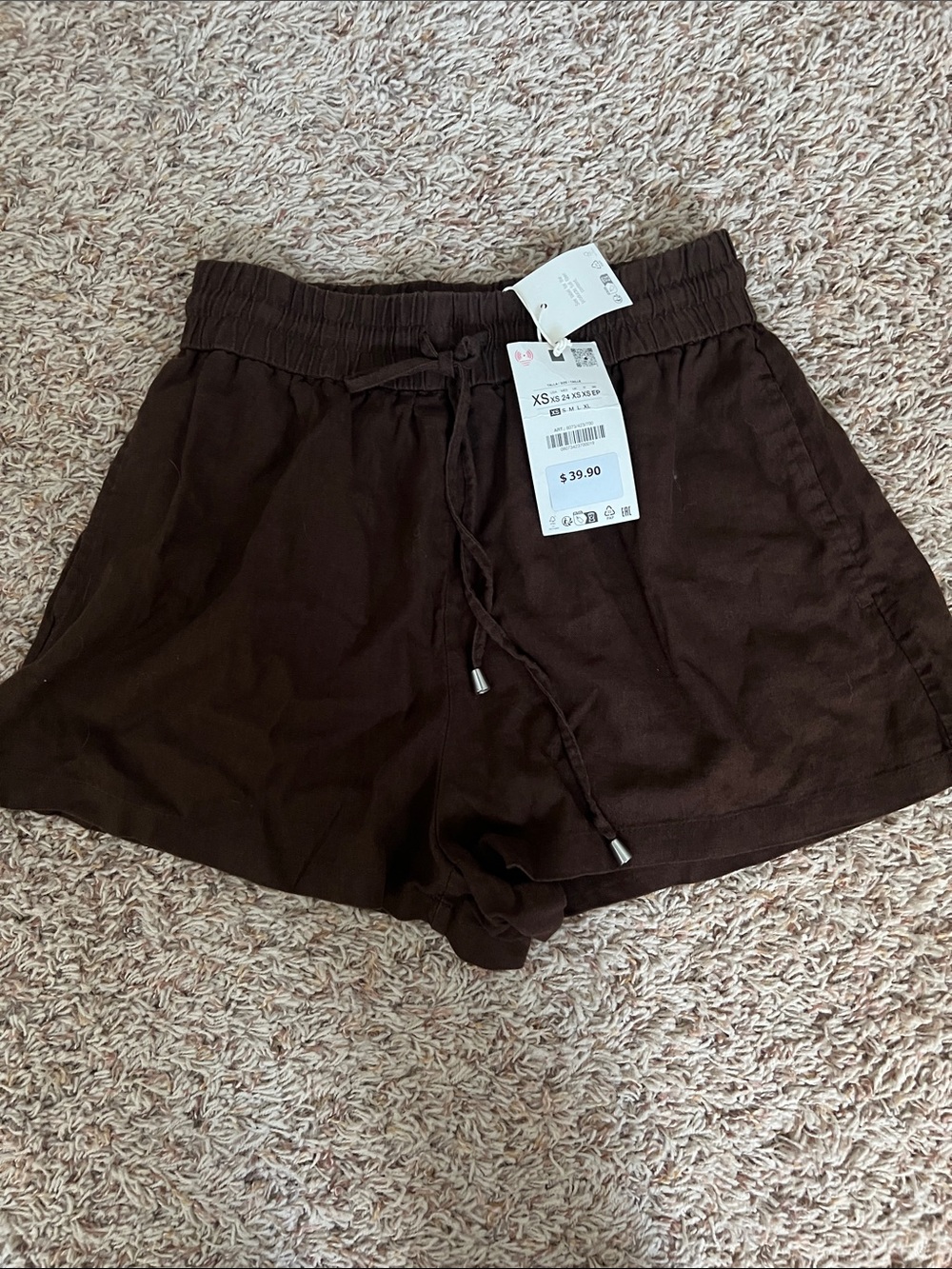 Zara Dark Brown High-Waist Drawstring Linen Shorts